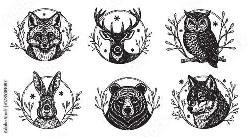 Black and white sketches of forest animals, including a fox, deer, owl, rabbit, bear, and wolf, each framed within a circular wreath adorned with leaves and stars.