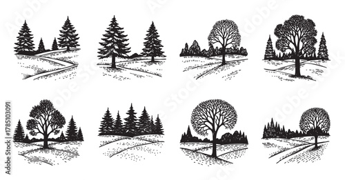 Eight black ink landscape illustrations featuring different arrangements of trees, including evergreens and deciduous trees, in various scenic settings.