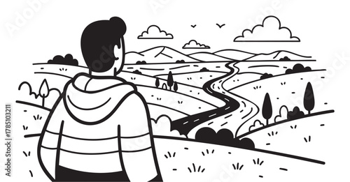 A person stands on a hill overlooking a winding river that cuts through a vast landscape with rolling hills and scattered trees under a partly cloudy sky.