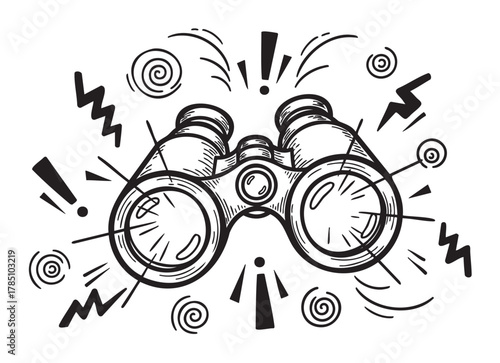 Black and white drawing of binoculars surrounded by whimsical lines and exclamation marks, conveying excitement and attention.