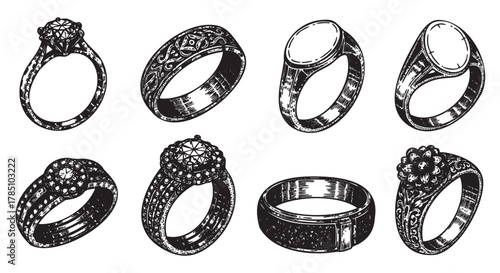 Black and white detailed illustrations of eight different ornate rings, featuring intricate patterns and designs, arranged in two rows.