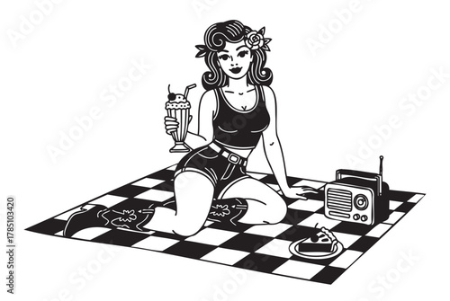 Black and white illustration of a young caucasian woman in vintage clothing enjoying a milkshake on a checkered picnic blanket with a retro radio and slice of pizza.