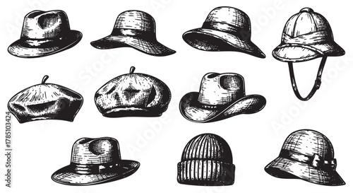 Black and white sketch of various vintage hats including fedoras, berets, helmets, and a knitted cap, showcasing a variety of classic headwear styles.