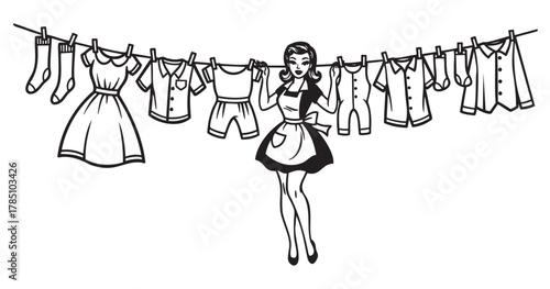Black and white cartoon of a young caucasian female hanging clothes on a line, including socks, dresses, and shirts, with a cheerful expression.