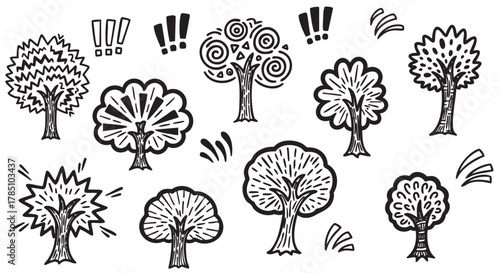Monochrome doodle-style illustrations of various stylized trees, each with unique patterns and shapes, capturing whimsical and creative design elements.