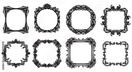 Eight ornate black decorative frames in various intricate square designs for artistic and elegant applications.