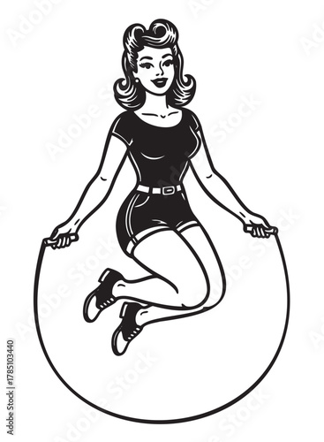 Black and white illustration of a smiling female jumping rope, dressed in a vintage outfit with curled hair and athletic shoes.