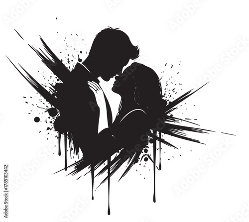 Silhouette of a couple in a romantic embrace with artistic ink splashes, highlighting their connection and intimacy.