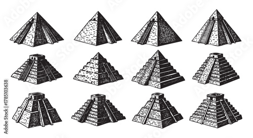 Twelve intricately detailed black and white pyramid drawings, showcasing various historical and architectural styles, emphasizing geometric forms and textures.