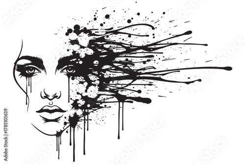 Artistic depiction of a female face merging with abstract black ink splatters, symbolizing emotion and creativity.