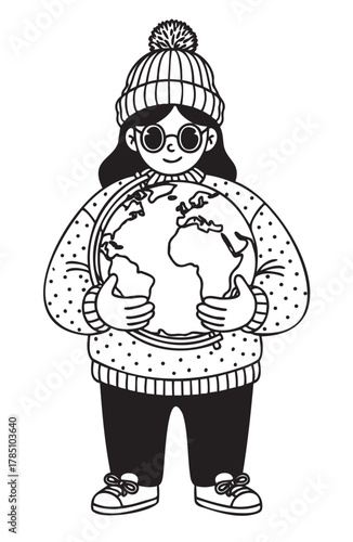 Female child wearing a sweater and beanie, holding a globe with both hands, and smiling.