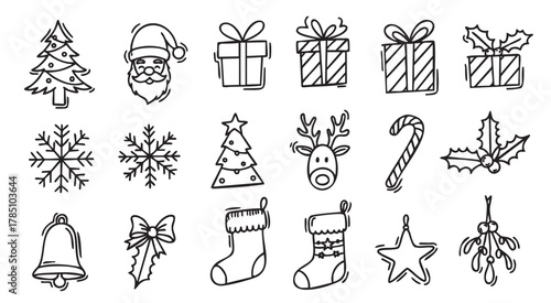 Hand-drawn christmas doodles featuring a variety of festive icons, including a christmas tree, santa claus, gifts, snowflakes, candy cane, and stockings.