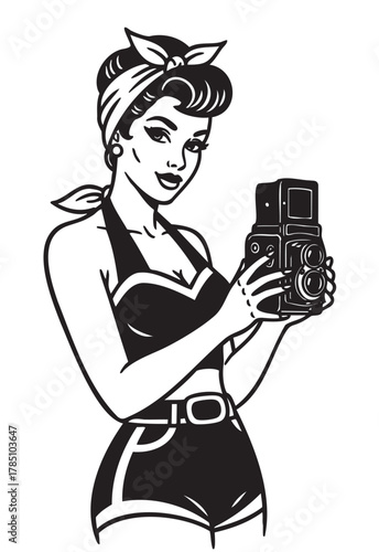 Black and white illustration of a young caucasian female in vintage attire holding a classic camera with both hands.