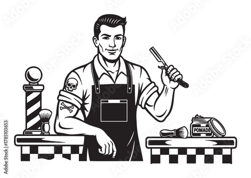 Skilled male barber with a confident expression, holding a straight razor and standing between a barber pole and grooming tools, including pomade and a brush.