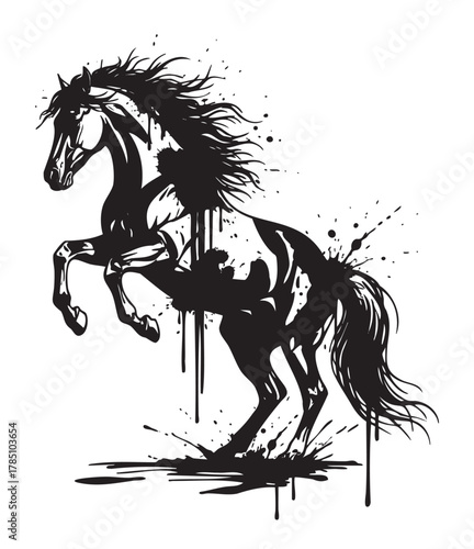 Black silhouette of a rearing horse with flowing mane, featuring splattered ink effects for a dynamic and artistic design.