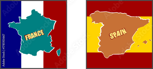 Simple outline map and flag of France and Spain