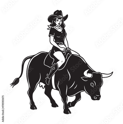Female cowboy with a hat and scarf, riding a bull, depicted in a black and white silhouette style with a confident expression.