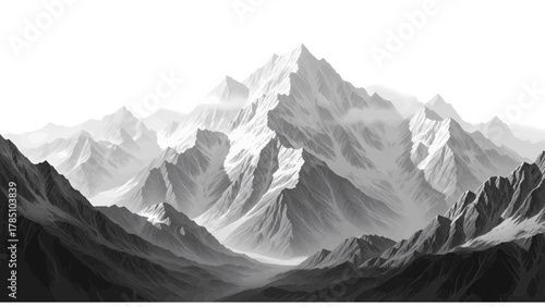 Vector illustration of majestic snowcapped mountain range shrouded in mist, a breathtaking natural landscape on a white background