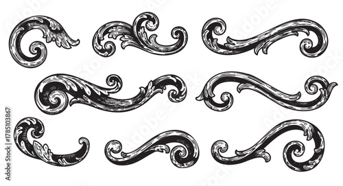 Eight intricately designed black ornamental flourishes showcasing elegant curves and intricate detailing, resembling vintage decorative scrollwork.