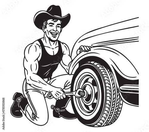 A muscular young caucasian male wearing a cowboy hat kneels beside a car, enthusiastically using a wrench to work on the vehicle's wheel.