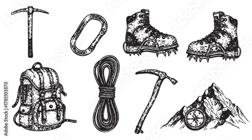 Detailed black and white illustrations of mountaineering gear including an ice axe, carabiner, hiking boots with crampons, backpack, rope, and a compass on a mountain.