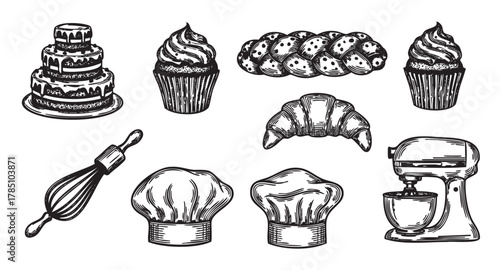 Hand-drawn black and white illustrations of various bakery items, including a tiered cake, cupcake, pastries, kitchen utensils, and chef hats.