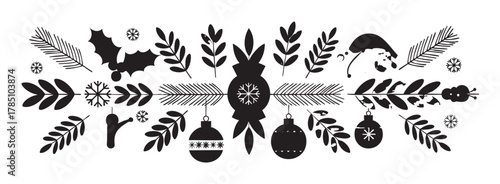Black silhouette of festive christmas elements with holly leaves, ornaments, snowflakes, and santa hat arranged in a decorative pattern.