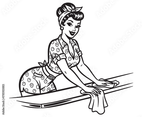 Vintage-inspired black and white line drawing of a smiling young caucasian female wearing a polka dot dress, cleaning a surface with a cloth.