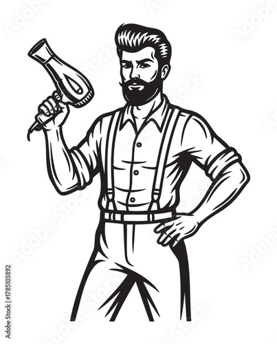 Black and white drawing of a bearded man holding a hairdryer, wearing suspenders with a confident pose.