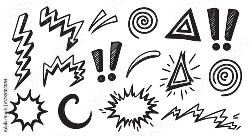 Hand-drawn black doodles including exclamation marks, triangles, spirals, and zigzag lightning shapes on a white background.