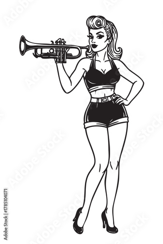 Female musician in pin-up style holding a trumpet, wearing a vintage outfit with high-waisted shorts and high heels.