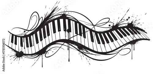 Black and white abstract design of a wavy piano keyboard with splatters and swirls creating a dynamic and artistic musical theme.