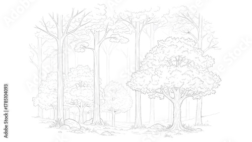 Vector illustration of stylized sketch of a dense forest with various trees and foliage, artistic illustration on a white background