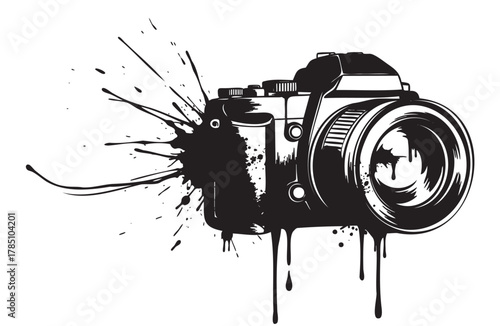 Black ink splash silhouette of a vintage-style camera, with bold details and dynamic splatter effects creating an artistic and striking design.