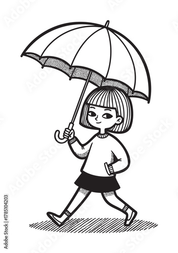 Black and white illustration of a young caucasian girl walking cheerfully with an umbrella, displaying a joyful and carefree demeanor.