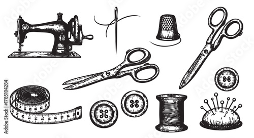 Black and white vintage-style collection of sewing tools including a sewing machine, scissors, needle, thimble, measuring tape, buttons, thread spool, and pincushion.