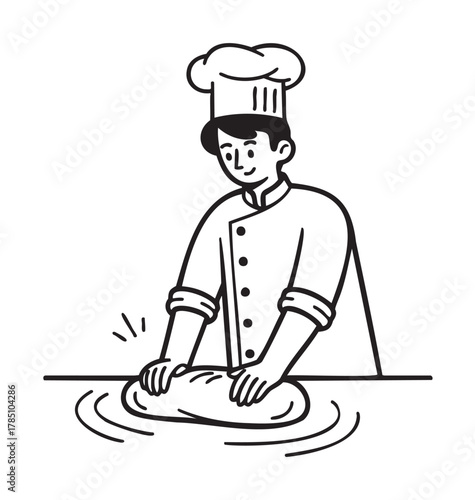 Black outline vector illustration of a male chef kneading dough on a counter, wearing a traditional chef uniform and hat.