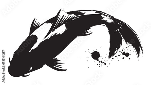 Black silhouette of a koi fish with splatter effect, showcasing detailed fins and a dynamic curved body in an artistic style.