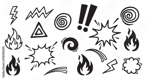 Various black doodle-style symbols including flames, lightning, swirls, and exclamation marks on a white background.