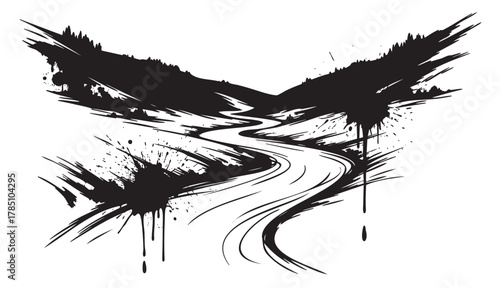 Abstract black ink splatter forming a winding river through stylized mountain silhouettes with dripping effects.