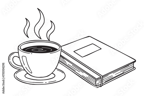 Black and white line art illustration of a steaming coffee cup next to a closed book on a saucer.
