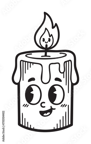 Black outline drawing of a cartoon candle with a cheerful face and a small flame, featuring wax drippings on its sides.