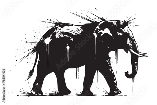 Black silhouette of a walking elephant with artistic paint splatters and drips accentuating its form.