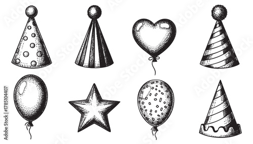 Black and white illustration of various festive party hats and balloons, including a heart and star-shaped balloon, shown with intricate shading and textures.
