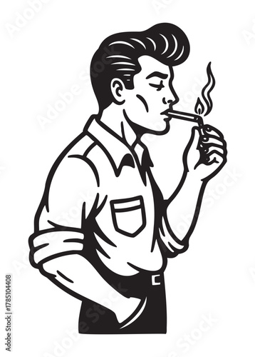Retro-style black and white illustration of a young caucasian male with slicked-back hair, wearing a collared shirt and smoking a cigarette.