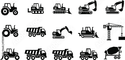 Black Construction Heavy Machinery Vehicles Icon Set, Including Excavator, Bulldozer, Dump Truck, Tractor, and Crane, Essential Graphic for Building Industry and Development Projects.