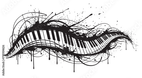 Abstract black ink splash forms a flowing musical wave interwoven with piano keys, symbolizing dynamic creativity and artistic expression.