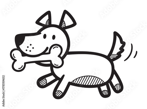 Playful cartoon dog with a wagging tail carrying a large bone in its mouth, depicted in a simple black and white style.