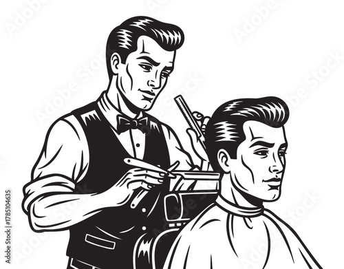 Black and white illustration of a male barber cutting a young caucasian male’s hair with scissors and comb in a vintage style.