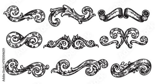 Ornate black and white baroque-style decorative scroll and flourish designs with intricate swirling patterns.
